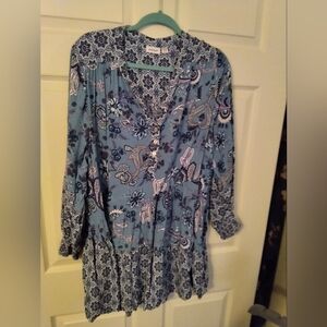 Avenue Blue Paisley Henley Tunic